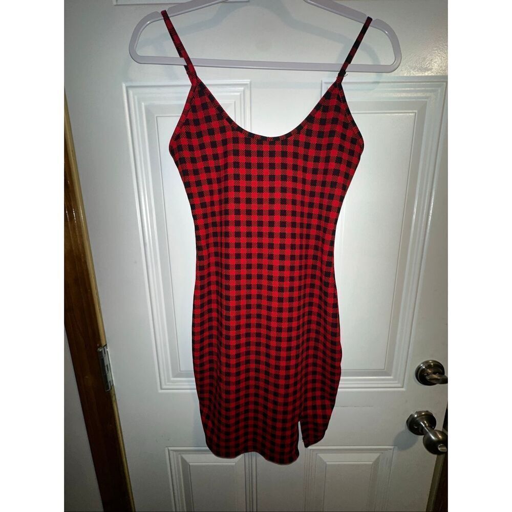 SHEIN EZwear Buffalo Plaid Slit Cami Bodycon Mini Dress – Red & Black, Size Medi